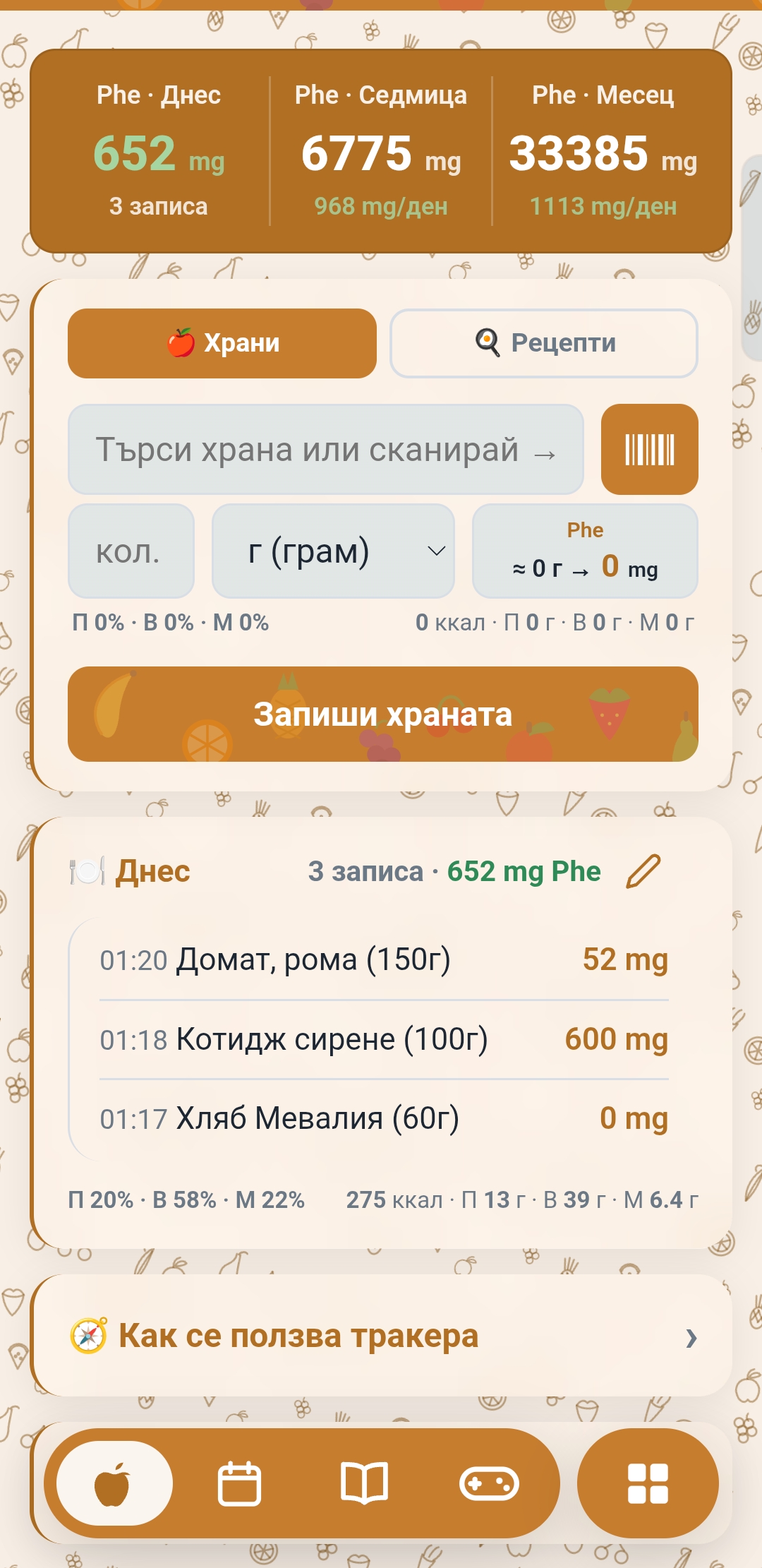Екран на приложението — дневен преглед на фениланина